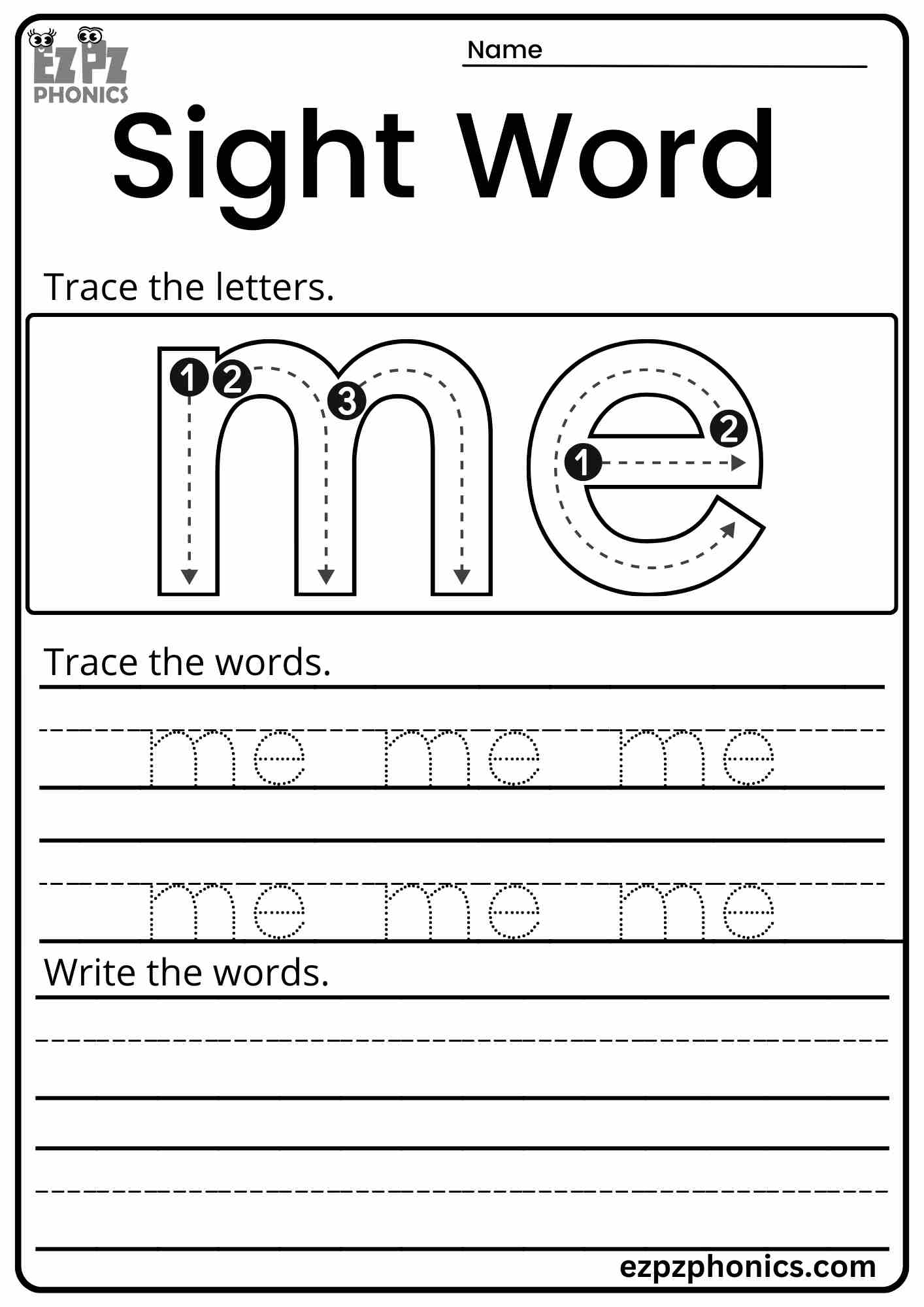Dolch Sight Word "Me" Activity for Early Learners PDF Download Set 2